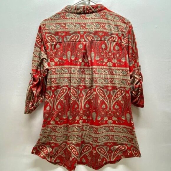 Ninedaily 3/4 Sleeve Blouse Women's Large Red Tan Paisley 1/2 Zip Casual Tunic - Picture 2 of 6